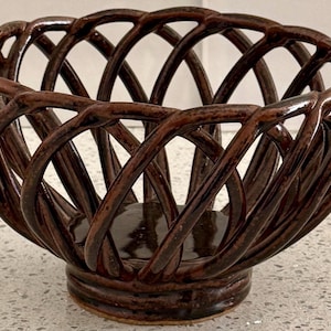 Studio Pottery Lattice Basket, signed, 7.5x4.5”