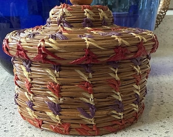 Vintage Pine Needle Basket with Lid, Native American Basket, Signed by artist, 5x5”