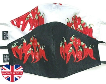 Chili Pepper Face Mask Restaurant Bar Chef Face Covering Cotton S M L Reusable Washable Double Layer Handmade in London