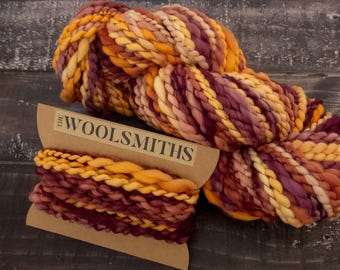 Handspun Soft Wool Art Yarn – Thick & Thin Coil Texture, Campfire Cozy Colorway