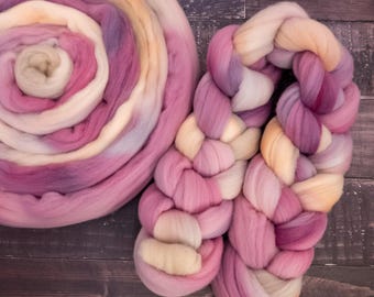 Soft Wool Combed Top, Hand Dyed Roving - Rambouillet, 4oz - Petals & Cream