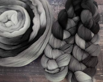 Soft Wool Combed Top, Hand Dyed Roving - Rambouillet, 4oz - Shale & Shadow