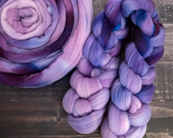 Soft Wool Combed Top, Hand Dyed Roving, Rambouillet, 4oz - Wildberry Heather