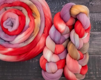 Soft Hand Dyed Combed Top - Targhee Wool Roving, 4oz - Pressed Petals