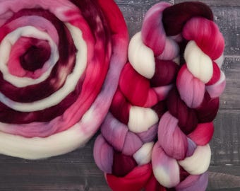 Soft Hand Dyed Combed Top - Targhee Wool Roving, 4oz - Crimson Veil