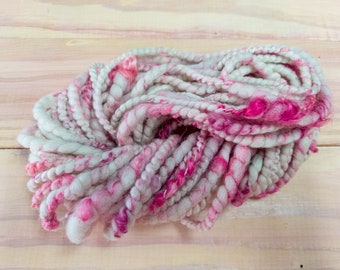 Thick and Thin Handspun Art Yarn, Mini Skein - One of a Kind - 14yds - Wool and Mohair Coiled Weaving yarn - Splash of Pink