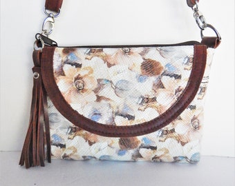 Floral leather crossbody bag or shoulder bag.  Blue and brown flowered handbag.  Vine and Branch Studio.