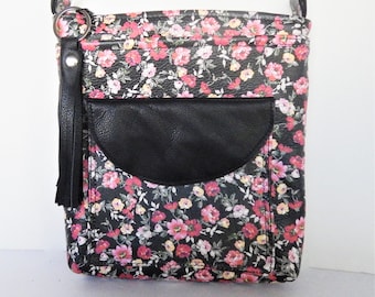 Black floral leather crossbody bag or shoulder bag.  Vine and Branch Studio.