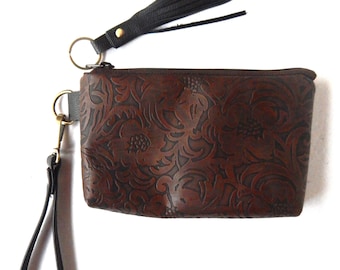 Brown, western floral embossed leather wristlet.  Vine and Branch Studio.