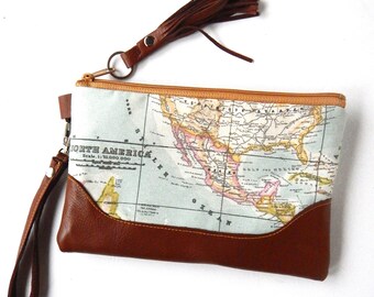 Map wristlet with leather trim.  Vine and Branch Studio.