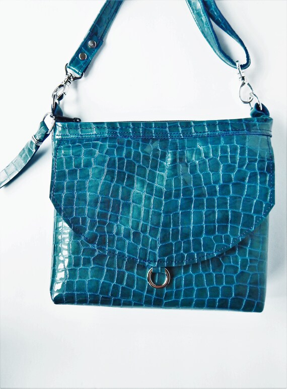 blue patent bag