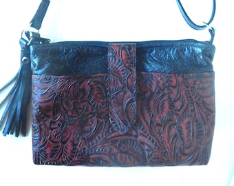 Western tooled look leather crossbody bag.  Shoulder or crossbody bag, in mahogany and black tooled look leather.  Vine and Branch Studio.