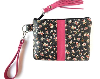 Small floral on black leather with pink trim wristlet.  Flowered black and pink leather wristlet or clutch.  Vine and Branch Studio.