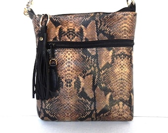 Python embossed leather crossbody bag or shoulder bag. Brown and black leather purse. Vine and Branch Studio