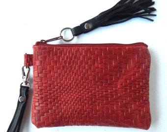 Dark red leather wristlet or clutch.  Embossed woven look red leather clutch or wristlet.  Vine and Branch Studio.