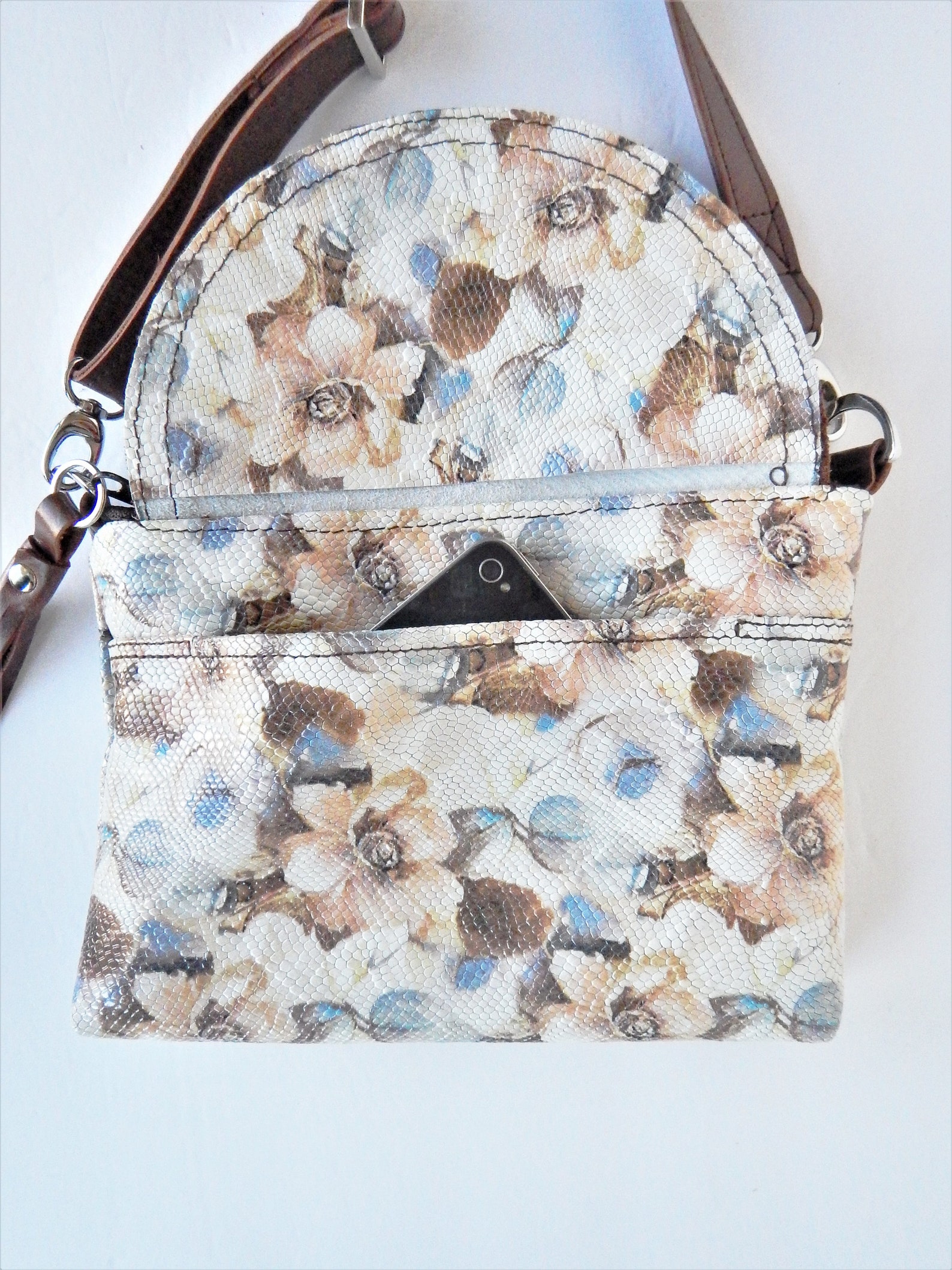 Floral Leather Crossbody Bag or Shoulder Bag. Blue and Brown - Etsy
