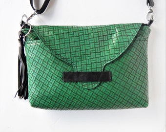 Laser etched, emerald green leather crossbody bag or shoulder bag.     Vine and Branch Studio.