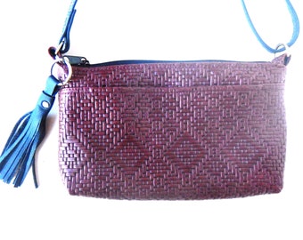 Mahogany brown, woven look leather crossbody or shoulder bag.  Brown shoulder or crossbody bag. Vine and Branch Studio.