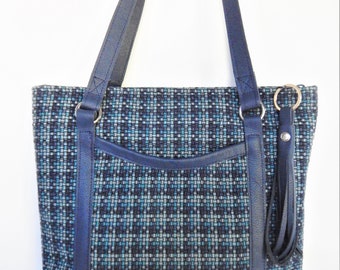 Shades of blue woven and leather shoulder bag.  Navy blue leather and woven material tote or shoulder bag. Vine and Branch Studio.