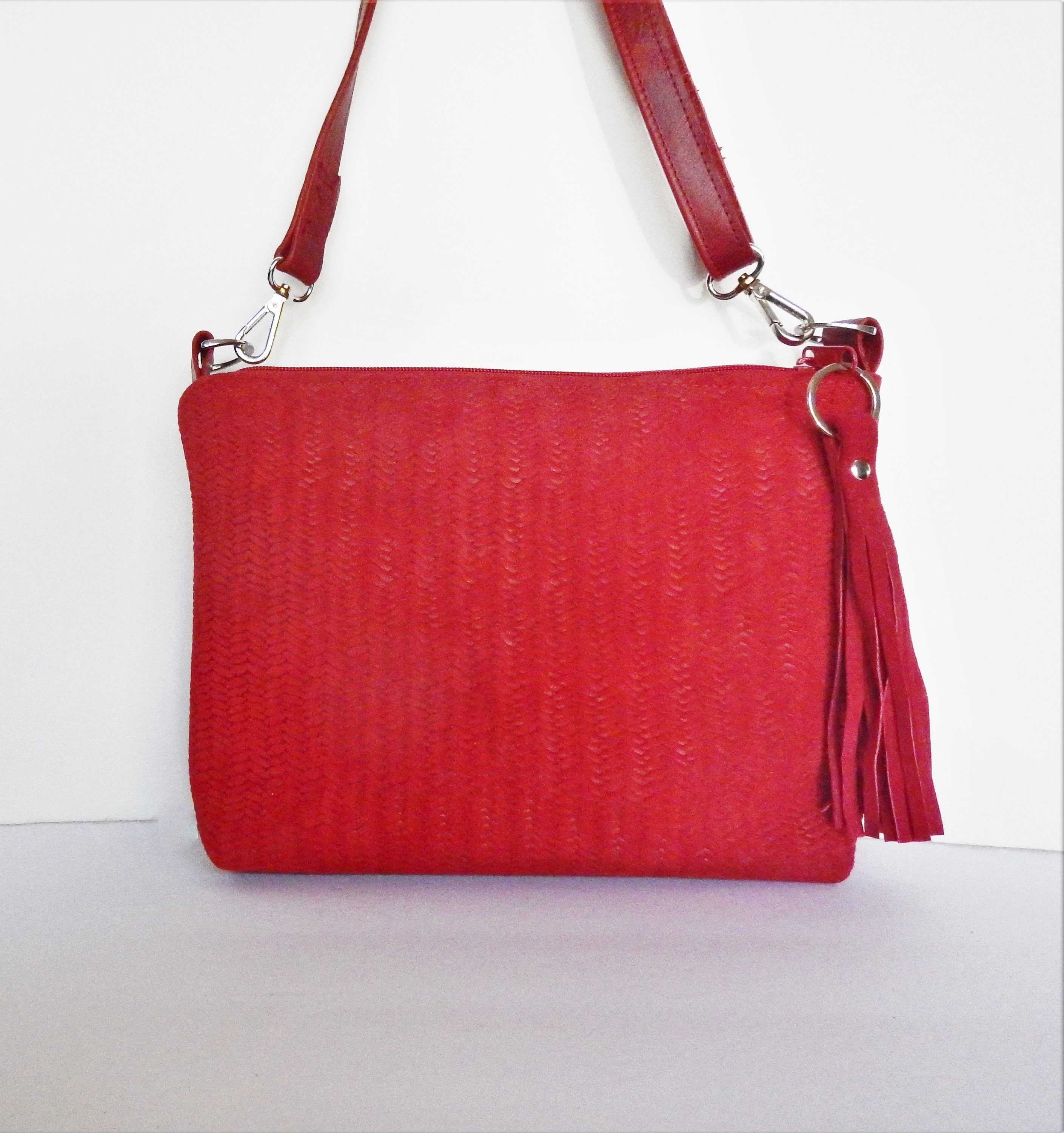 Red Leather Crossbody or Shoulder Bag. Embossed Red Leather Etsy