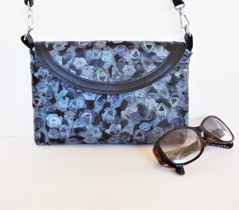 Black and gray floral leather crossbody or shoulder bag Vine and Branch Studio.