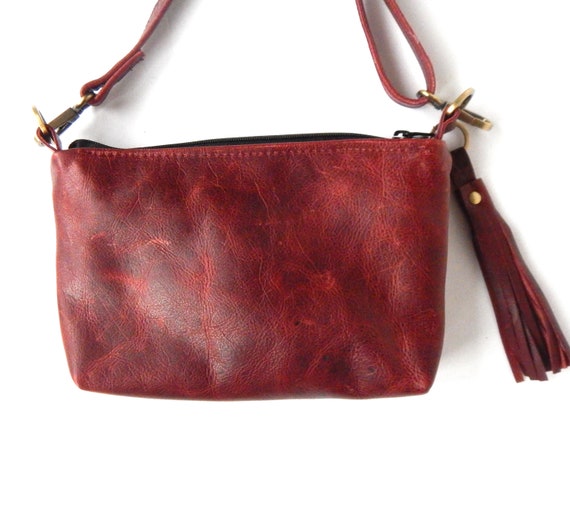 Dark Red Leather Crossbody Bag. Embossed Leather Flap Over