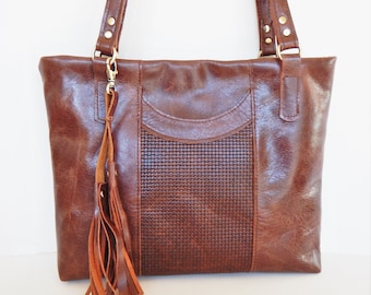 Dark brown leather shoulder bag or tote. Smooth and textured chocolate brown leather shopper or tote bag.   Vine and Branch Studio.