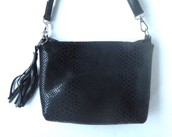 Black embossed python leather crossbody bag.  Leather crossbody bag in black python embossed leather.  Vine and Branch Studio.