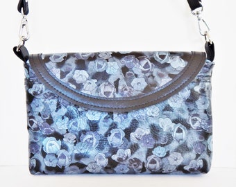 Black and gray floral leather crossbody or shoulder bag.  Vine and Branch Studio.