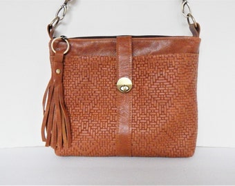 Woven look, brown leather crossbody or shoulder bag.  Vine and Branch Studio.