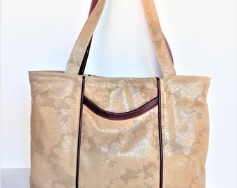 Embossed floral leather tote bag.  Shoulder bag in beige embossed leather.  Vine and Branch Studio.