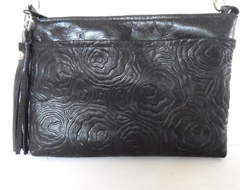 Black embossed leather crossbody or shoulder bag.  Embossed abstract roses leather crossbody bag.  Vine and Branch Stuio.