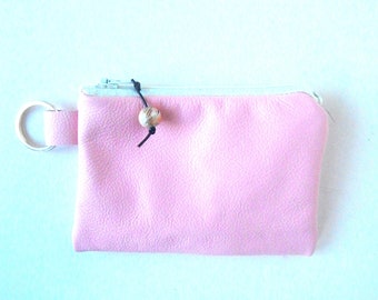 Pink leather card case or coin purse with RFID protective lining. RFID protected print leather card case. Vine and Branch .