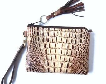 Ivory  embossed croc wristlet with convertible strap. Ivory and Bronze wristlet, or crossbody bag.  Vine and Branch Studio.