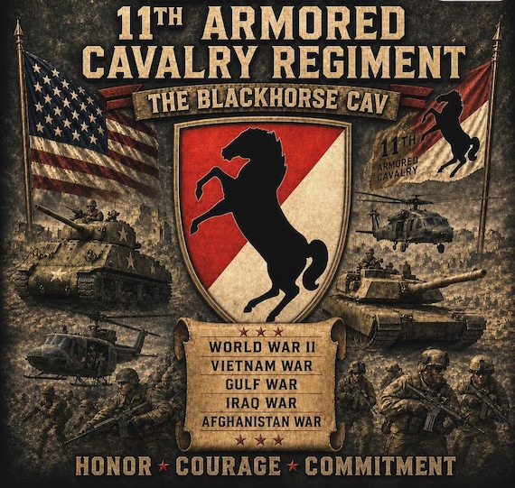 11TH Armored Cavalry Regiment* The Blackhorse Cav* Army Unit* 2-Side Vinyl Shirt. Army Officially Licensed.
