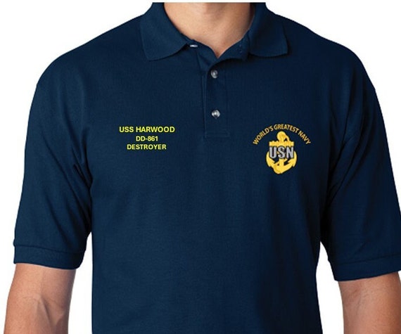 USS Harwood   DD-861 * Destroyer* Embroidered Two Sided Polo Shirt.Worlds Greatest* Navy Officially Licensed