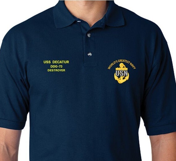 USS DECATUR  DDG-73* Destroyer* Embroidered Two Sided Polo Shirt.Worlds Greatest* Navy Officially Licensed