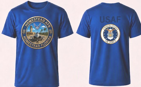 Homestead Air Force Base* Homestead-Florida* Circle Coin*T-Shirt.Two Sided Vinyl Shirt on Back. Officially Licensed USAF