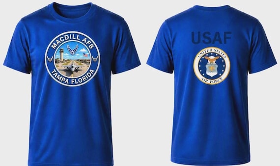 MACDILL Air Force Base* Tampa-Florida* Circle Coin*T-Shirt.Two Sided Vinyl Shirt on Back. Officially Licensed USAF