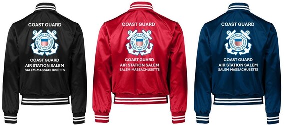 Coast Guard Air Station SALEM* Salem-Massachusetts* Coast Guard Vinyl Destin Satin Jacket (Back Only) USCG Officially Licensed