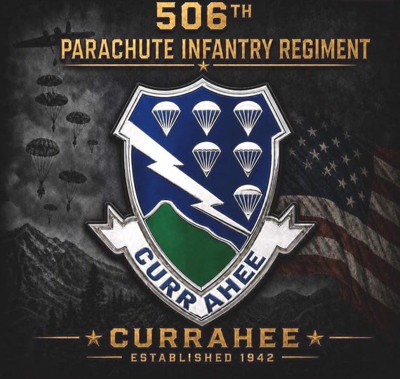 506TH Parachute Infantry Regiment* Currahee* Established 1942* 2-Sided Vinyl Shirt. ARMY Officially Licensed