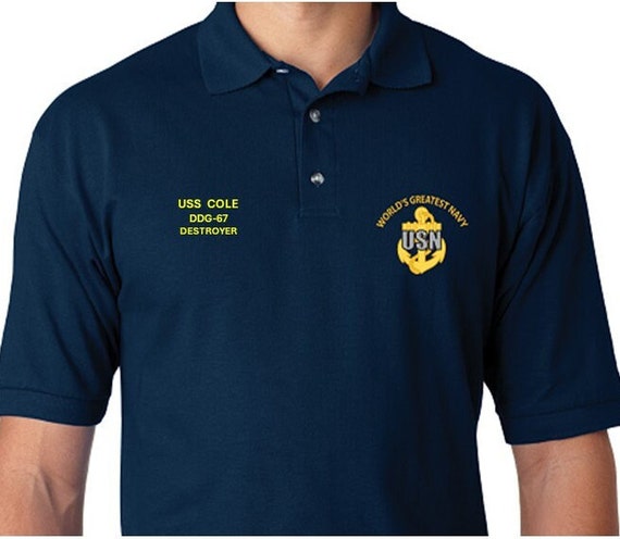 USS Cole  DDG-67 * Destroyer* Embroidered Two Sided Polo Shirt.Worlds Greatest* Navy Officially Licensed