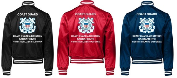 Coast Guard Air Station SACRAMENTO* North Highlands-California* Coast Guard Vinyl Destin Satin Jacket (Back Only) USCG Officially Licensed