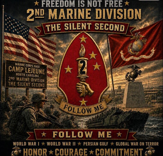 2ND Marine Divison * The Silent Second* USMC* 2-Side Vinyl Shirt. USMC Officially Licensed.