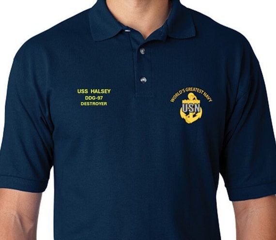 USS HALSEY   DDG-97* Destroyer* Embroidered Two Sided Polo Shirt.Worlds Greatest* Navy Officially Licensed