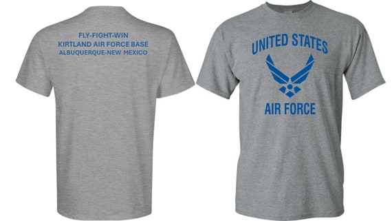 Kirtland Air Force Base* Albuquerque-New Mexico *Fly-Fight-Win*T-Shirt.Two Sided Vinyl Shirt on Back. Officially Licensed USAF