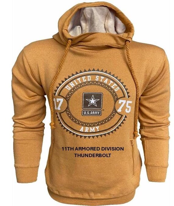 11TH Armored Division* Thunderbolt * U.S. Army Vintage Premium Camel Hoodie. Army Officially Licensed