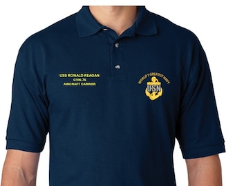 USS Ronald Reagan CVN-76* vliegdekschip* geborduurd dubbelzijdig poloshirt. 's Werelds grootste* marine officieel gelicentieerd