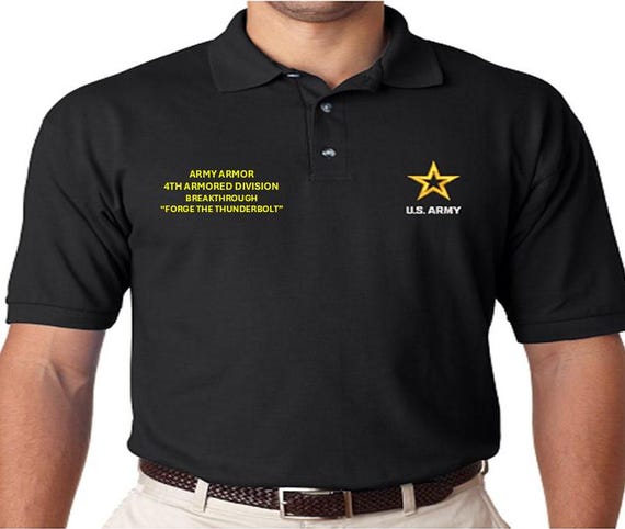 Army Armor*4th Armored Divison* Breakthrough*Forge the Thunderbolt *Embroidered polo shirt* Army Officially Licensed