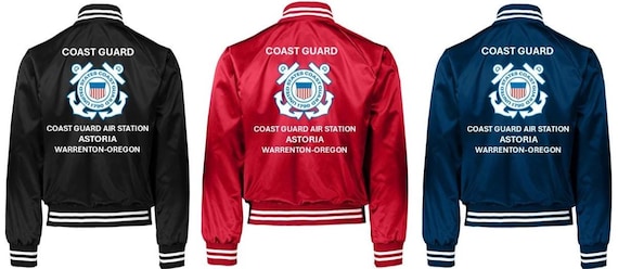Coast Guard Air Station Astoria* Warrenton-Oregon * Coast Guard Vinyl Design Satin Jacket (Back Only) USCG Officially Licensed